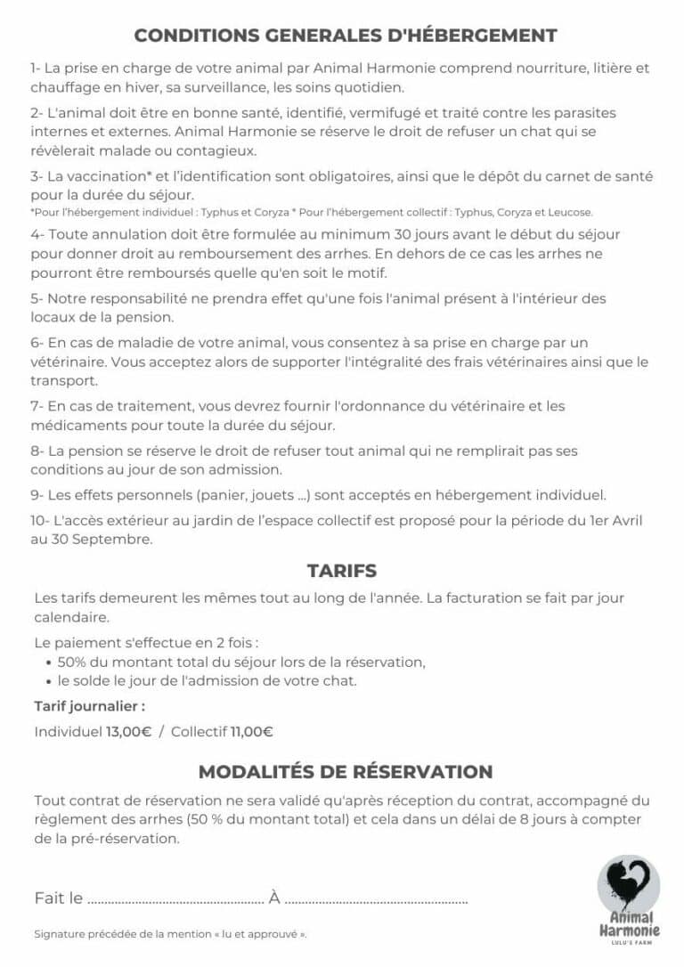 conditions tarifs modalités animal harmonie sept 2025